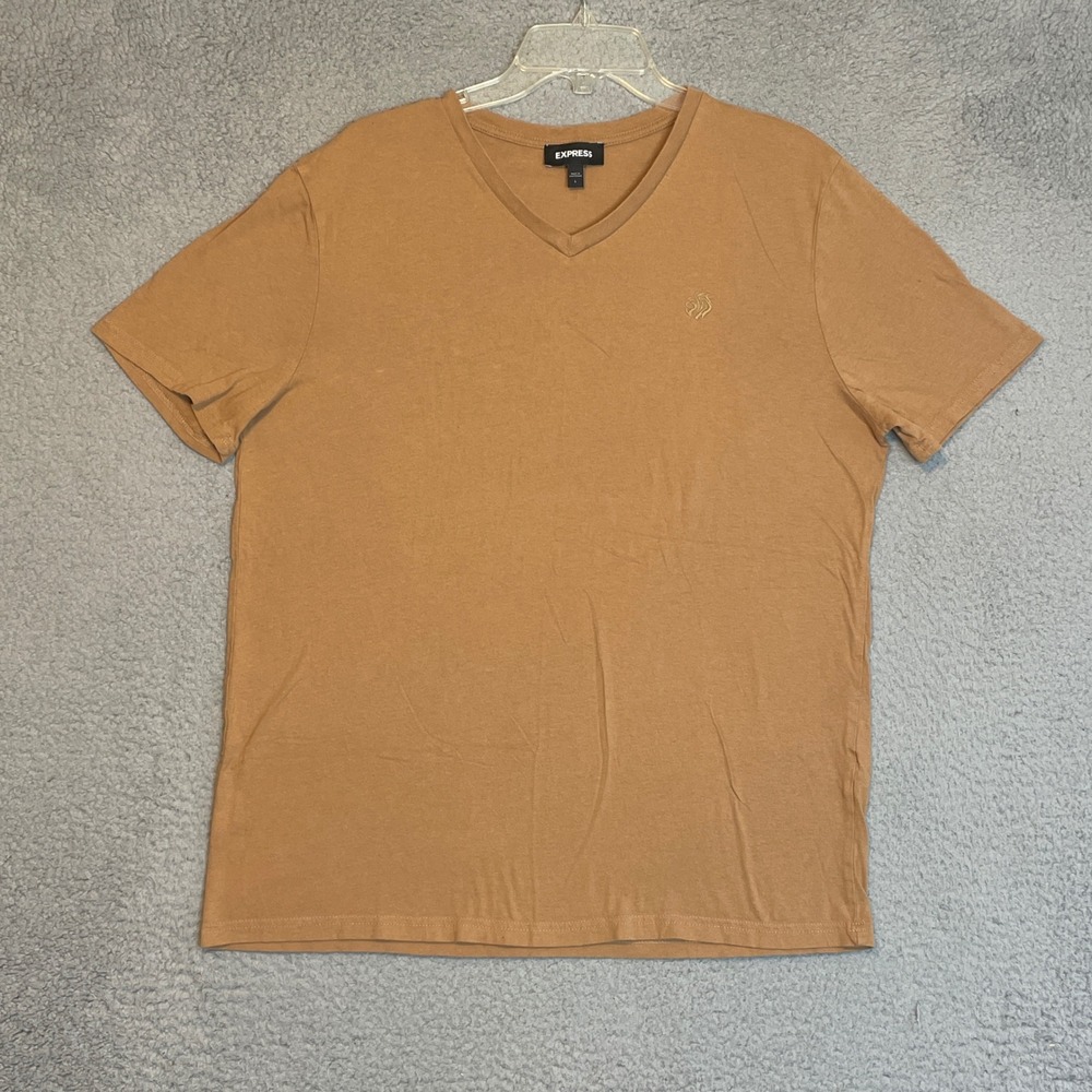 Express Lion Logo V Neck T Shirt Men's Large Casual Short Sleeve Tee Tan